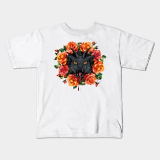 Satanic Cat with Roses Kids T-Shirt